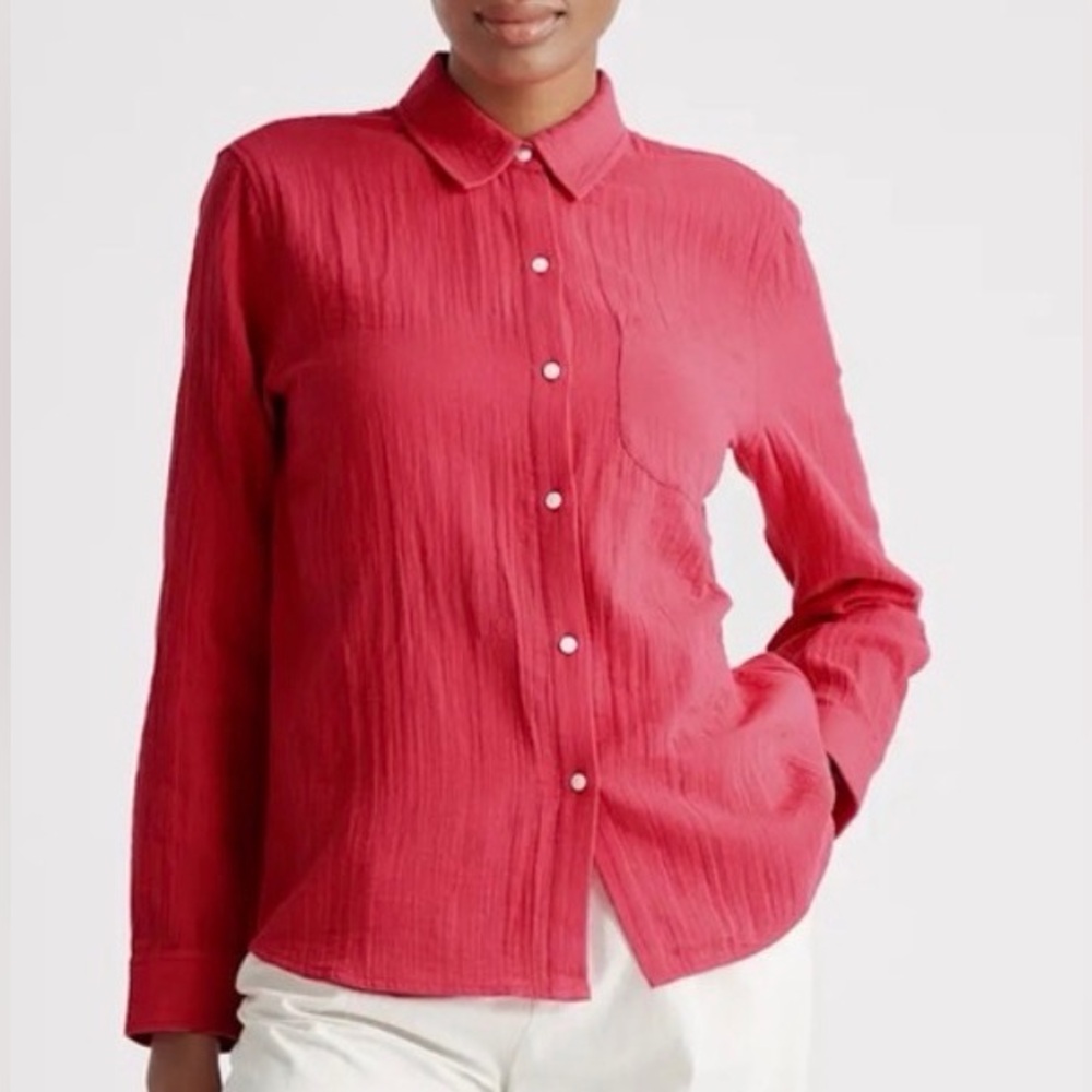 * Quince Magenta Pink Button Front Cotton Gauze Fabric Classic Shirt SZ Large *